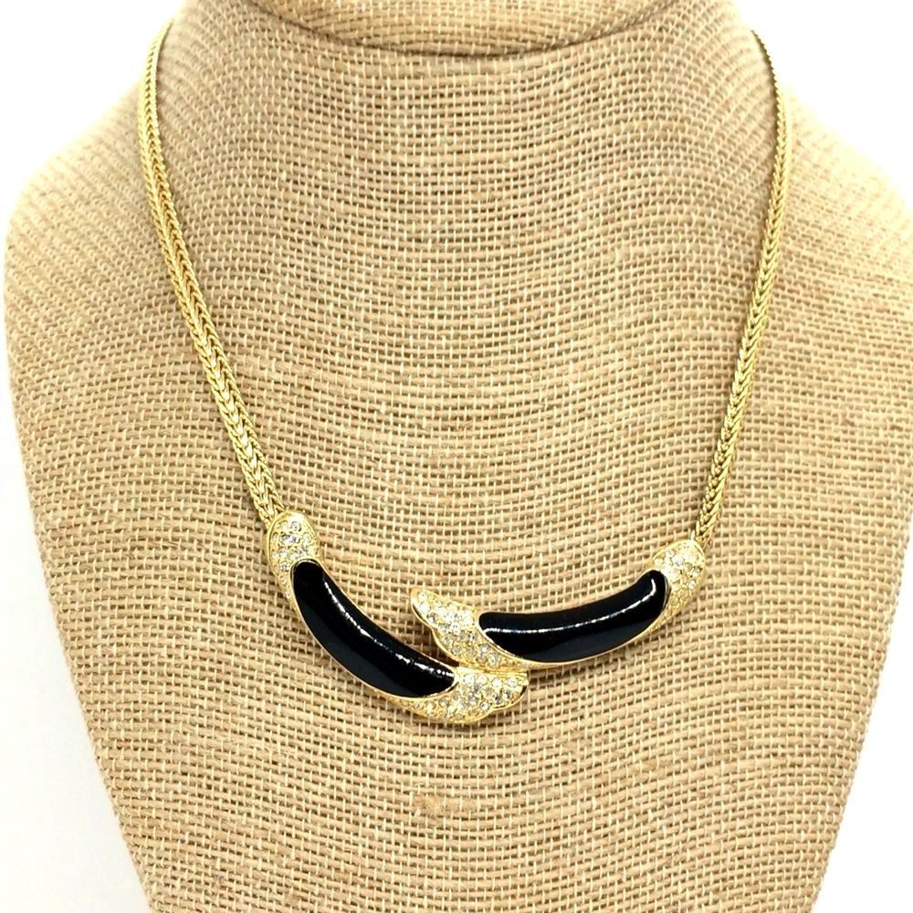 Vintage Monet Necklac Black Enamel Rhinestone Collar Gold Tone Statement 80s